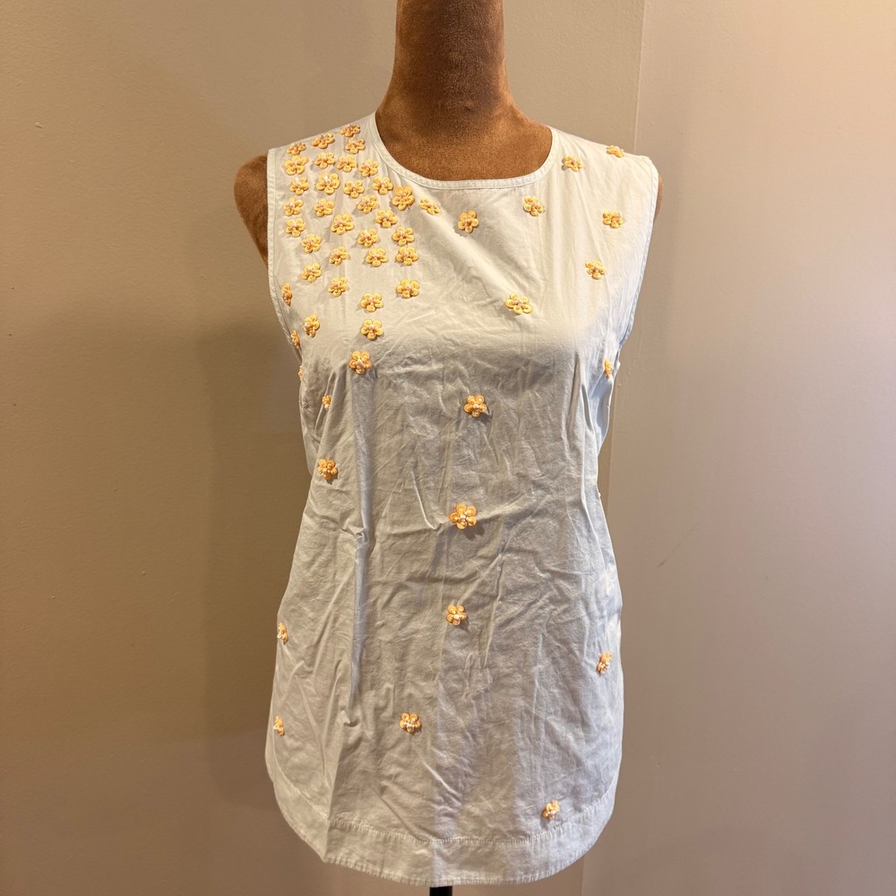 J Crew Floral Applique Shell Women S Blue Sequin 3D Flower Sleeveless Top Preppy